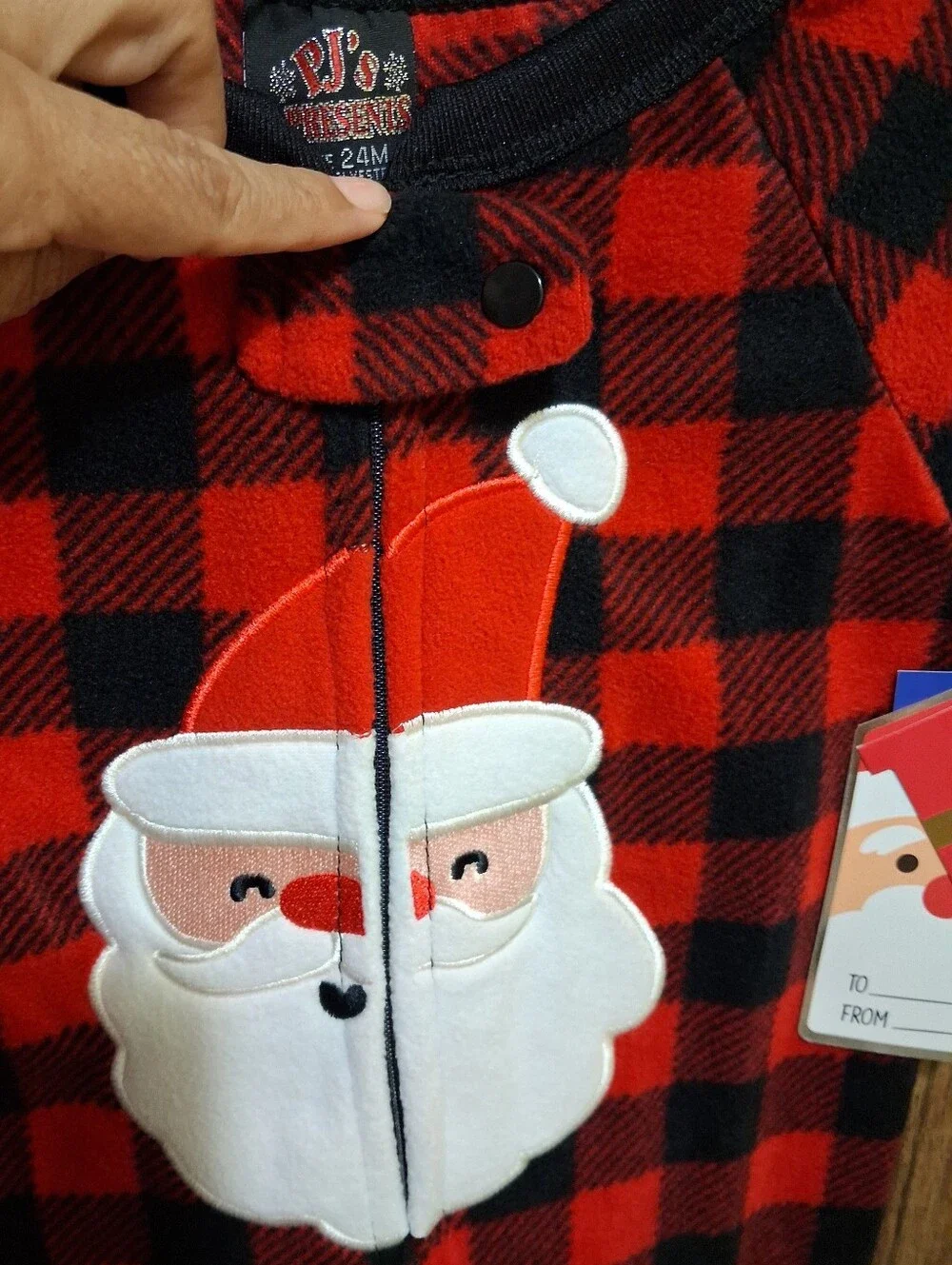 Kids Red and Black Buffalo Plaid Santa One-Piece Pajamas
